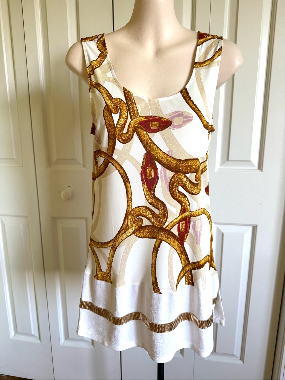 CLASS ROBERTO CAVALLI White/Gold Jersey Tank Top 6/42 NWT